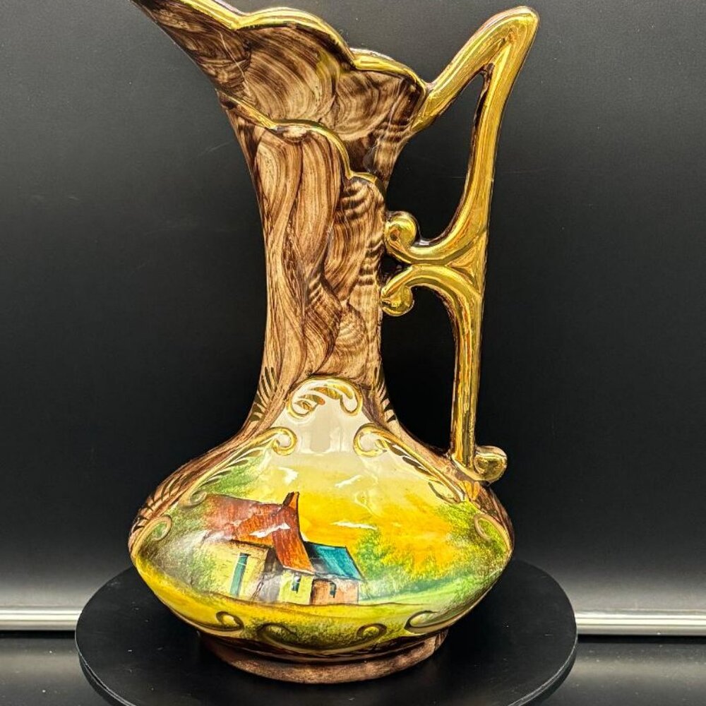 Vintage 1950's Quaregnon Belgium Pottery Hand Painted Ewer Pitcher Vase 10 X 6 - Picture 3 of 10